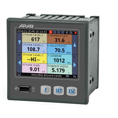 Rejestrator wielokanałowy, 230 V AC, 8 wejść uniwersalnych, 4 wyjścia przekaźnikowe, IP30, AR207
